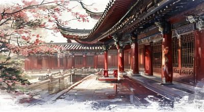 古风宫廷场景，红墙金瓦与水袖飞扬，展现调教小说古风题材的宫廷权谋与情感张力
