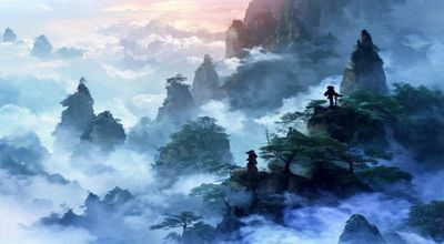 玄幻仙侠经典场景，云雾缭绕的仙山与修炼者剪影，调教小说玄幻经典的宏大叙事视觉呈现
