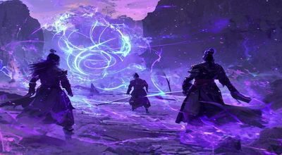 玄幻修炼世界观场景，紫色灵气环绕强者身影，展现调教小说玄幻题材的修炼体系与强弱对比