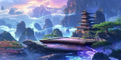 玄幻修炼场景，灵气流动的山巅修炼台，调教小说玄幻新作的宏大世界观视觉呈现