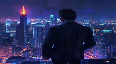 现代都市夜景霓虹灯下，身着西装的男主角俯视城市，展现调教小说都市题材的权力感与现代气息