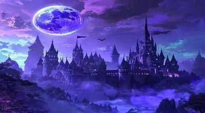 西方奇幻场景，魔法城堡与龙的轮廓在紫色夜空下，展现调教小说西幻题材的宏大世界观