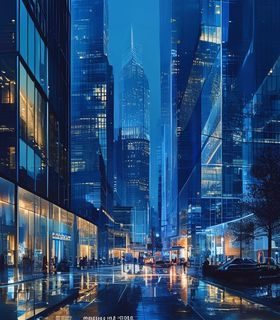 靛蓝色调现代都市场景，高楼大厦玻璃幕墙反射夜光，调教小说新作封面风格的精致构图